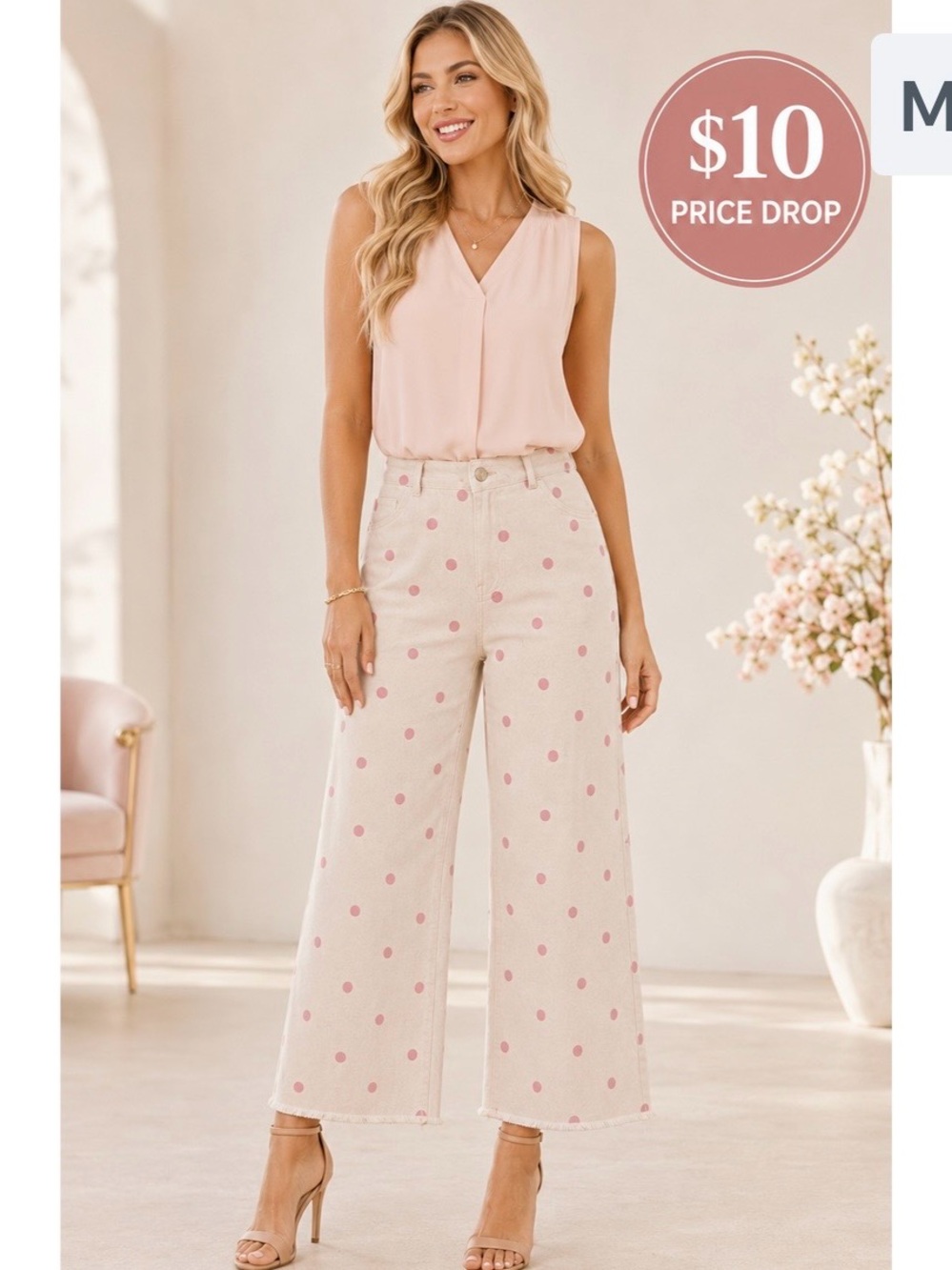 LovLov High-Rise Cropped Wide Leg in Oatmeal with PinkPolka Dot Pants Frayed Hem